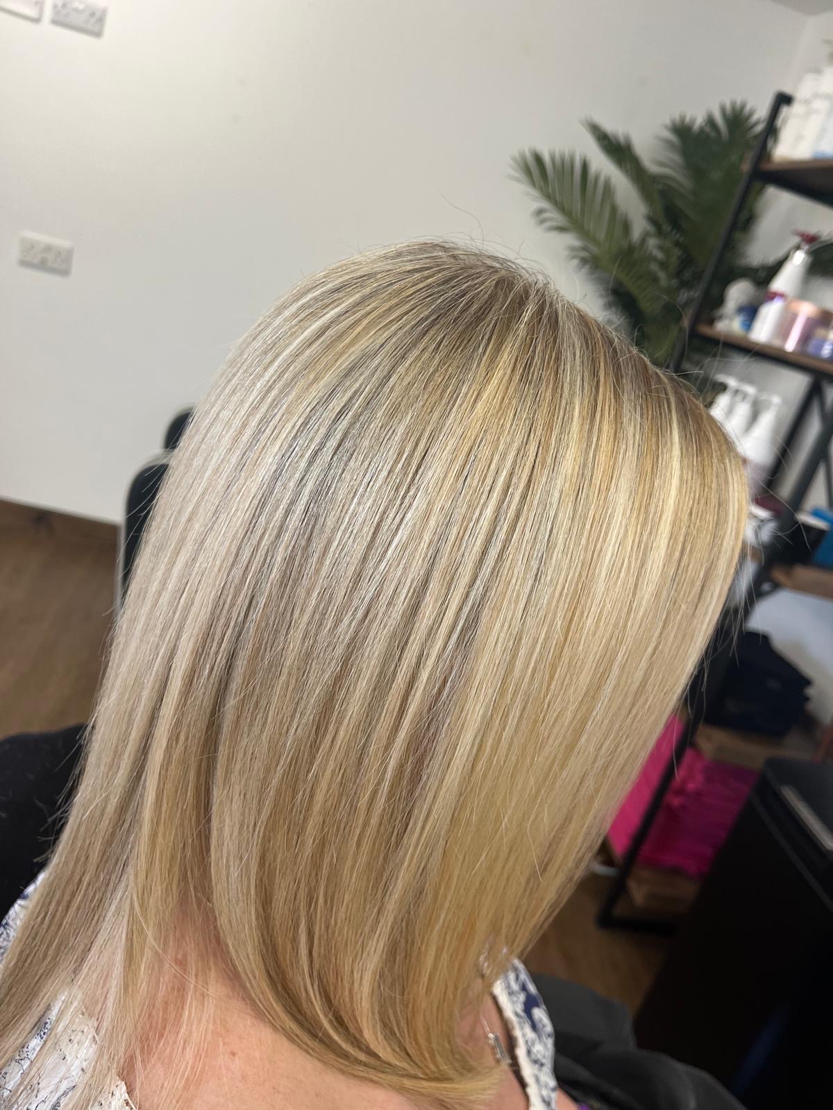 A blonde cut and colour photographed by customer Lindsay Cook in the salon